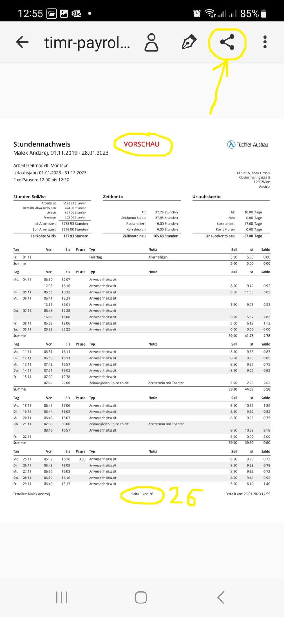 Stundennachweis PDF
